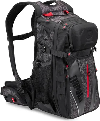 A black and gray fishing backpack with red accents.