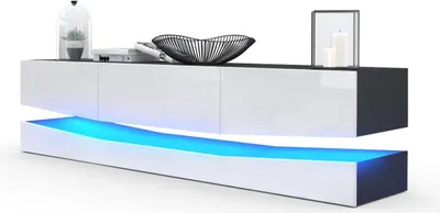 Produktbild von Vladon Lowboard City,  Germany, TV-Kommode mit Sockelelement, 1 offenem Fach und 3 Schubkästen, Schwarz matt/Weiß Hochglanz, inkl. LED-Beleuchtung (178 x variabel x 39 cm)
