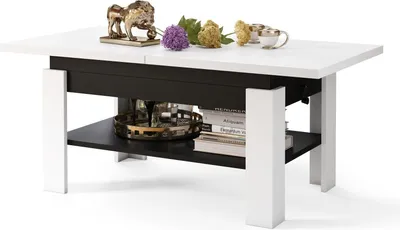 Produktbild von All4All Couchtisch Rino , Kaffeetisch , Wohnzimmertisch mit Ablage , Sofatisch , ausziehbar bis 170cm , höhenverstellbar , 130x65cm , 05 , Weiß + Schwarz