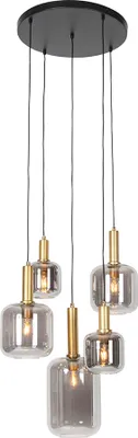 Produktbild von QAZQA - Modern Hängelampe I Pendellampe I Pendelleuchte schwarz mit Gold I Messing mit Rauchglas 5-flammig – Zuzanna I Wohnzimmer I Schlafzimmer - Rund - LED geeignet E27
