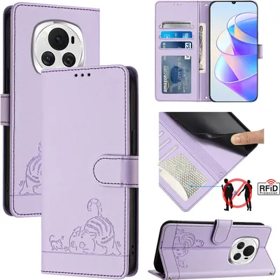Produktbild von Leder Hülle für Honor Magic6 Süße Katze Flip Case Brieftasche Schutzhülle mit Standfunktion Lila