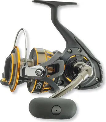 A studio shot of a fishing reel against a white background.