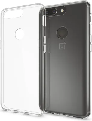 A clear phone case is shown next to a dark gray smartphone.