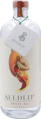 A bottle of Seedlip Grove 42 non-alcoholic spirits.