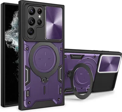 Produktbild von Handyhülle für Samsung Galaxy S22 Ultra 5G Dual-Layer Stoßfest Rüstung Hülle mit Dia Kameraschutz und Kreisförmig Ring Ständer Lila