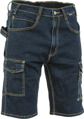 A pair of dark blue denim work shorts with yellow stitching.