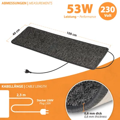 Produktbild von Infrarot Heizteppich Heizmatte 40x100cm Teppichheizung Fußwärme 53 Watt 230V Anthrazit Pro Car
