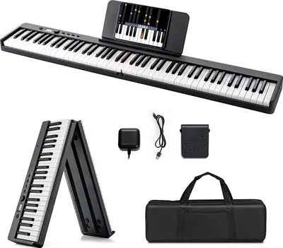 Produktbild von 88 Tastatur Keyboard mit Notenständer, Pedal, LCD-Display & LED-Licht Lehrfunktion, Klappbar & Tragbar E-Piano für Kinder und Anfänger (Schwarz)
