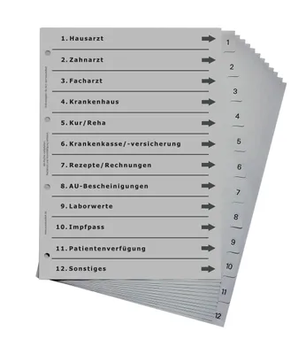 Produktbild von europrotokoll Ordnerregister für Arzt und Gesundheit, durchdachtes Register für DIN A4 Ordner, Gesundheitsordner für wichtige Unterlagen, lichtgrau