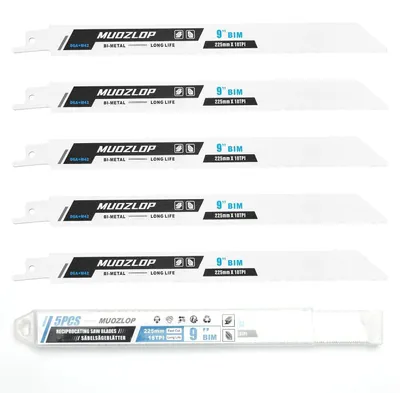 Zdjęcie produktu dla Zestaw brzeszczotów do piły szabrowej, 5 sztuk, 225 mm, 18 zębów na cal, do metalu, dwumetali, trzpień 1/2 cala