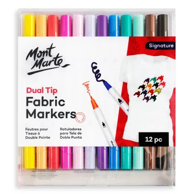 Produktbild von Mont Marte Textilmarker Set 12 Farben – Stoffmarker Dual Tip 2 mm & 5 mm, Textilstifte zum Bemalen von T-Shirts, Stofftaschen & Textilien, DIY