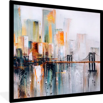 Produktbild von MuchoWow® Gerahmtes Poster Ölgemälde - Skyline - Abstrakt 40x40 cm - Poster mit Schwarzem Bilderrahmen Wandposter Rahmen Foto Bilder - Mit Rahmen - Wanddekoration Schlafzimmer