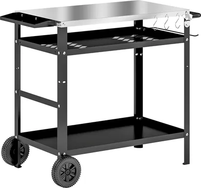 Produktbild von Grillwagen 3-Etagen Servierwagen mit Arbeitsfläche Griffe Hülle Räder, höhenverstellbar BBQ Grilltisch Edelstahl, Grill Beistelltisch, Outdoor Rollwagen für Garten Grill 100x52x80cm Schwarz Aosom