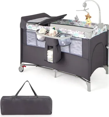 Produktbild von 5 in 1 Beistellbett klappbar Reisebett mit Matratze 2 Ebene Babybett mit Rollen Grau