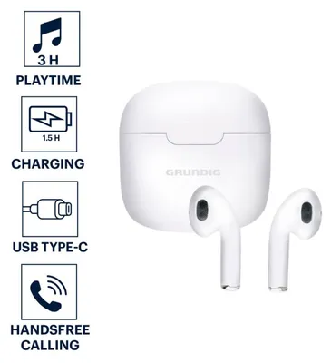 Obrázek produktu pro Sluchátka Bluetooth Grundig - Sluchátka do uší 200 mAh - Sluchátka s dobou přehrávání 3 hodiny - Bezdrátová sluchátka pro handsfree volání - včetně nabíjecího pouzdra USBC nabíjecího kabelu