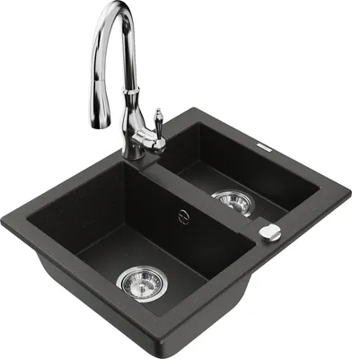 Produktbild von Mexen Carlos 1,5-Becken-Granitspüle mit Mischbatterie Savita, Schwarz/Gold metallisch - 6518-75-672601-00