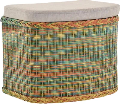 Produktbild von KRINES HOME Rattan Wäschekorb Wäschetruhe Sitz gepolstert Honig, Flur-Bank Aufbewahrungsbox mit Deckel Bad-Hocker Sitzhocker Wäschesammler Sitz-Truhe Natur (Bunt, Bauchig)