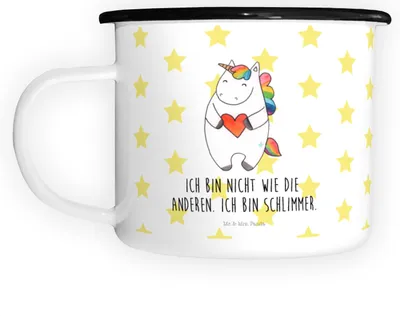 Produktbild von Mr. & Mrs. Panda Haferl Einhorn Herz - Weiß - Geschenk, Teetasse, Deko, Bunt, Einhörner, Große Tasse, Pott, Reisebecher, böse, Emaille Becher, Unicorn