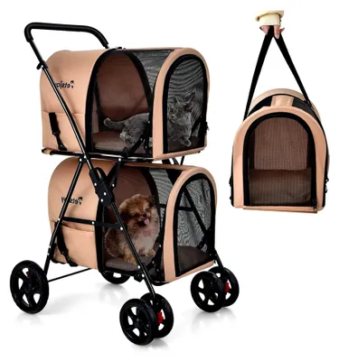 Produktbild von Hundewagen für Haustiere mit 2 Etagen bis 16 kg, Buggy mit Netzfenstern, Getränkehalter und Anhänger, Katzenbuggy für 2 kleine Hunde oder Katzen (Beige)