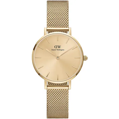 A close-up studio shot of a gold Daniel Wellington watch.