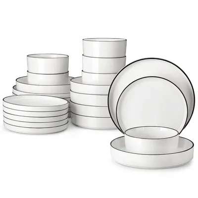 Produktbild von MALACASA, 24dílná sada porcelánového nádobí s černým okrajem, kombinovaný jídelní servis s jídelním talířem, dezertním talířem, polévkovým talířem a miskou