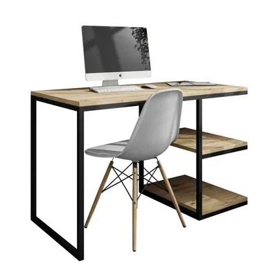 A computer desk with a chair and a computer.