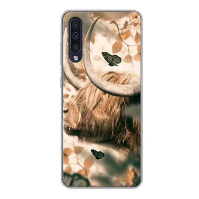 Produktbild von MuchoWow® Handyhülle Schutzhülle Hülle für Samsung Galaxy A50 Schottische Highlander - Schmetterlinge - Blätter Silikon Softcase Handy Hülle - Mobiltelefonhülle