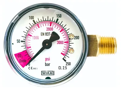 Image de Manomètre pour mesurer la pression du contenu, avec zone rouge pour extrémité CO2, 1/4" mâle
