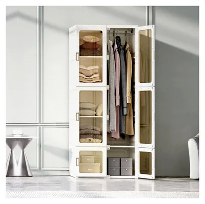 Produktbild von Faltbarer Kleiderschrank mit 6 transparenten Magnettüren, 10 Fächern und 1 Kleiderstange für Wohnzimmer und Flur, 170 x 69 x 50 cm, weiß