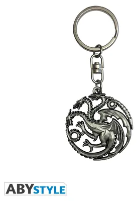 A silver-colored keychain with a three-headed dragon emblem, set against a white background.