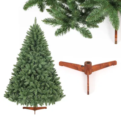 A Christmas tree and its stand are shown against a white background.