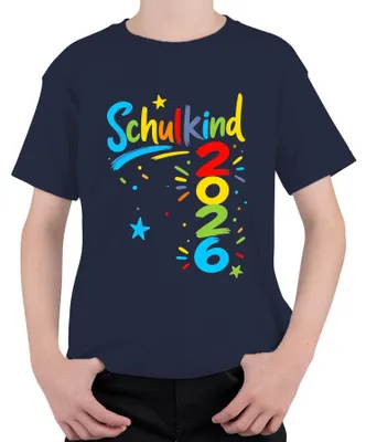 Productafbeelding van Schoolkind 2026, start van de basisschool, eerste schooldag, schooltas, kinder T-shirt, marineblauw, maat 128