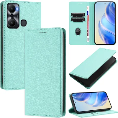 Produktbild von Litchi Leder Handyhülle für Infinix Hot 12 Play Wallet Kartenfächer Standfunktion Hülle Türkis