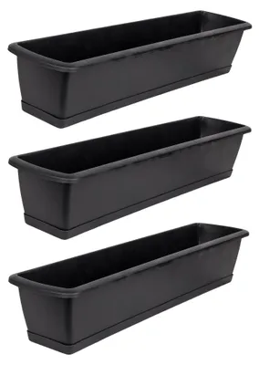 Produktbild von Set aus 3 anthrazitfarbenen Pflanzkästen mit Untersetzern, 60 cm