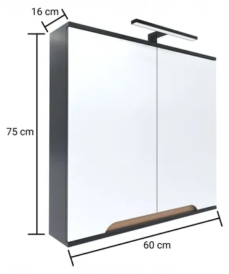 Zdjęcie produktu dla Szafka z lustrem dwudrzwiowa 60x16x75 GRAFIT/dąb, lampa LED 40cm, Omeble