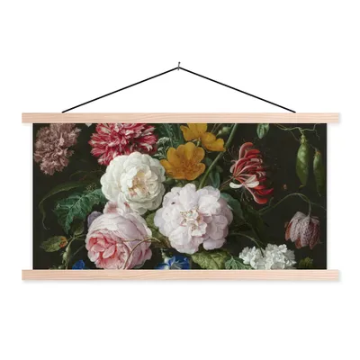 Obrázok produktu pre MuchoWow® Textilný plagát - Zátišie s kvetmi v sklenenej váze - Maľba od Jan Davidsz. de Heem - 120x60cm - S hnedými lamelami