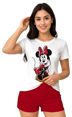 Imagen del producto de Pijama de Minnie Mouse de Disney para mujer. Conjunto de pijama de manga corta con camiseta y pantalones cortos, color blanco/rojo, talla L