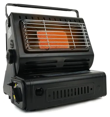 A black portable gas heater with a protective grill and an orange heating element visible behind it.