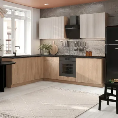 Produktbild von Küche L Form 200x260 cm - Eiche Cremona und Beige Matt - Küchenmöbel mit Griffe - Schwarze Arbeitsplatte - Eckküche - SOFIA