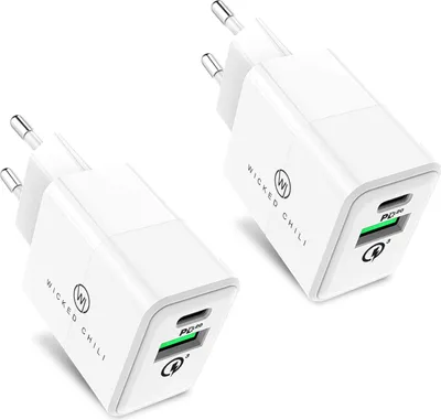 Two white USB-C power adapters are shown against a white background.