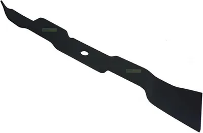 A black lawnmower blade is shown against a white background.