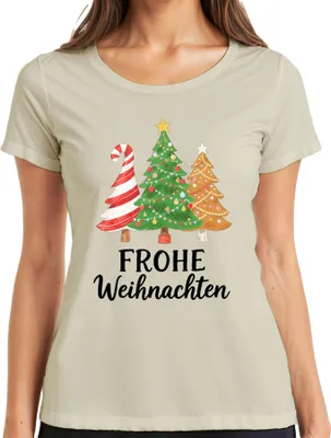 Produktbild von FROHE Weihnachten Weihnachtsbaum Tannenbaum Zuckerstange Lebkuche Damen T-Shirt, Natur, XXL