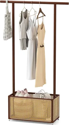 Image de Porte-manteau en bambou - Portemanteau - Avec roulettes - Panier de rangement en rotin - Cadre en bois - Autoportant