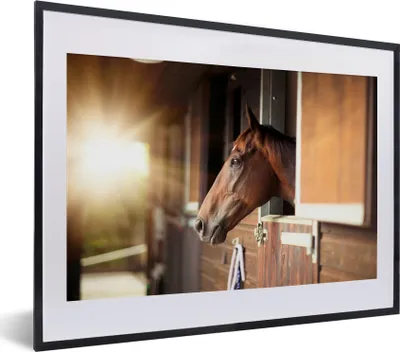 Produktbild von MuchoWow® MuchoWow® Gerahmtes Poster Pferd - Stall - Sonne 40x30 cm - Poster mit zchwarzem Bilderrahmen - Bilderrahmen - Poster im Rahmen