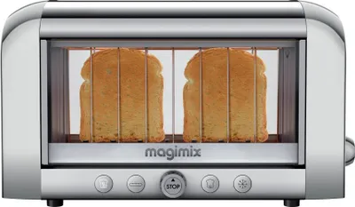 A front-on view of a Magimix toaster with two slices of toast inside.