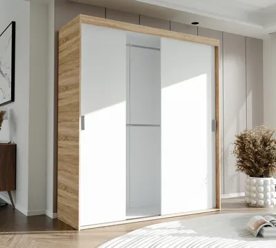 Image de Armoire à trois portes coulissantes STILO 180 cm avec étagères et tringles Armoire penderie Sonoma blanc poignées argentées