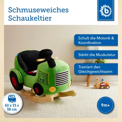 Produktbild von Bieco Plüsch Schaukeltier Traktor 60 cm | Kinder Schaukelstuhl mit Sicherheitsgurt | Baby Schaukel | Schaukel Kleinkind | Schaukeltier Baby Zimmer | Baby Schaukelwippe ab 9 Monate | Schaukelpferd Holz