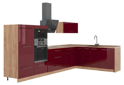 Imagen del producto de Cocina esquinera Vicco Fame-Line Rojo Burdeos alto brillo/Roble dorado 347 x 207 cm sin encimera, Model 63612