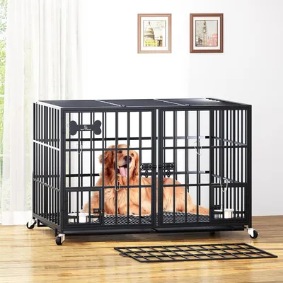 Produktbild von Hundekäfig mit Bodenplatte, Hundekäfig mit Trennwand, Gitterbox mit 2 Türen und Auffangwanne, 2-in-1-Doppelbox für große und mittelgroße Hunde, 120