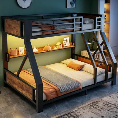 Productafbeelding van Stapelbed 90x200/140x200 cm, metalen bed met LED-verlichting en opbergvak, eenpersoonsbed boven en tweepersoonsbed beneden, metaal en houtcomposiet, zwart